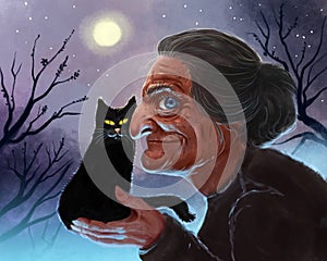 Color hand drawn illustration of a frightening witch with a black cat in her arms. Full moon, starry sky. Terrible old woman. Fog