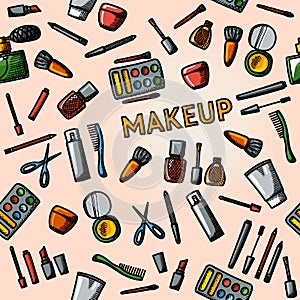 Color hand drawn makeup pattern - mascara, polish