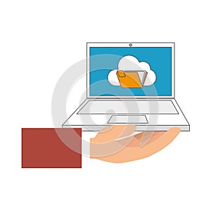 Color hand holding laptop computer with folder on screen