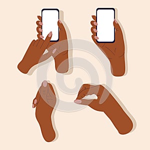 Color hands holding smartphones are insulated with vector illustrations of the set. Modern technologies of infographic design.