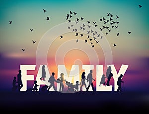 Color happy family word people travel silhouette sunrise and sky
