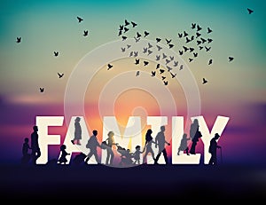 Color happy family word people travel silhouette sunrise and sky photo