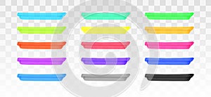 Color highlighter lines set isolated on transparent background. Red, yellow, pink, green, blue, purple, gray, black