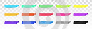 Color highlighter lines set isolated on transparent background. Red, yellow, pink, green, blue, purple, gray, black