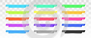 Color highlighter lines set isolated on transparent background. Red, yellow, pink, green, blue, purple, gray, black