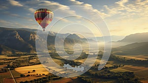 color hot air balloon over a beautiful valley and farm landscape with blue sky and white clouds background