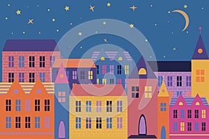 Color house in cartoon style at night for decoration design. Cartoon style. The row of houses at night. City background.