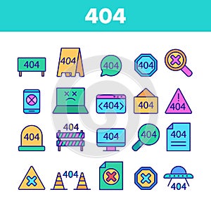 Color 404 HTTP Error Message Vector Linear Icons Set