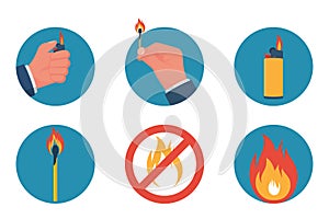 Color icon fire and objects of ignition, lighter and matches