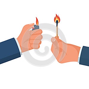 Color icon fire and objects of ignition, lighter and matches