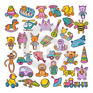 Color icons of children toys. Hand drawn vector illustrations. Doodle set