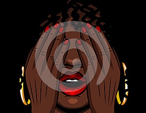 Color  illustration african american girl covers her face with her hands. The girl experiences emotions of stress, fear, pai