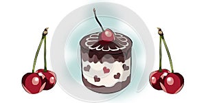 Color illustration  of a chocolate  cake and cherrys.The cherry dessert