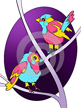 color illustration flat cartoon style bright birds on purple background gradient cover design element modern sticker postcard