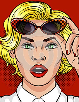 Color illustration of the girl opened her mouth in surprise. Poster in the style of pop art beautiful blonde girl. Girl hol