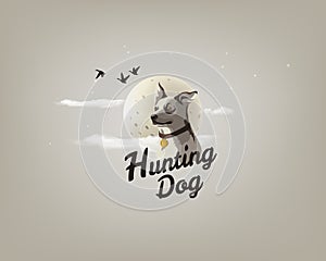 Color illustration of a hunting dog on the background of the moon