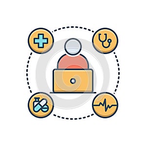 Color illustration icon for Online medical help, doctor and laptop