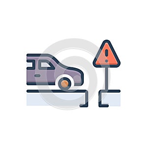Color illustration icon for Warnings, car and sign