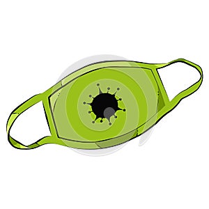 Color illustration: light Green mask with a black virus.