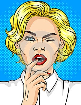 Color  illustration of pop-art style girl winks.