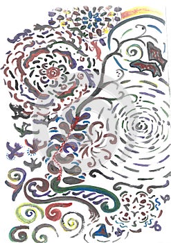 Color illustration of the psychedellic flight of birds, Birds and spirals, patterns.