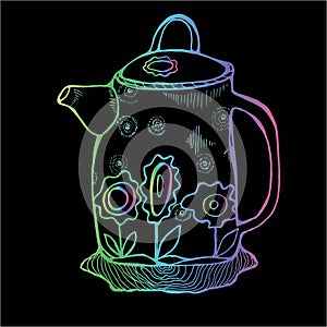 Color illustration of a retro minimalist style teapot decorated with flowers.