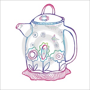 Color illustration of a retro minimalist style teapot decorated with flowers.