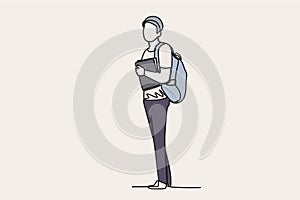 Color illustration of a student carrying a bag and book in his hand