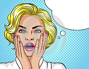 Color illustration in the style of pop art. The blonde girl opened her mouth in surprise. Beautiful woman in shock. The gir