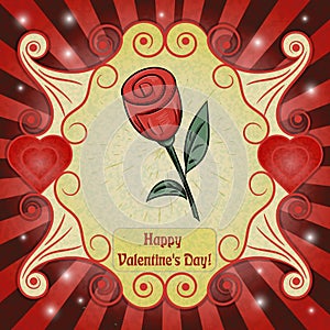 The color illustration on the theme of Valentines day, rose flower, ready for the layout design, postcards, stickers and printed