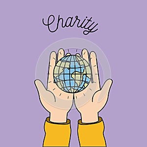 Color image background hands holding in palms a earth globe world charity symbol