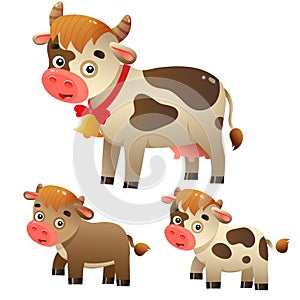 Color image of cartoon cow with calfs on white background. Farm animals. Vector illustration set for kids