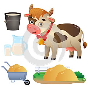 Color image of cartoon cow with milk on white background. Farm animals. Vector illustration set for kids