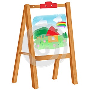 Color image of cartoon easel with children`s drawing on white background. Vector illustration for kids