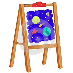 Color image of cartoon easel with children`s drawing on white background. Vector illustration for kids