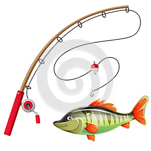 Color image of cartoon fishing rod with big fish on white background. Hobby and fishery. Vector illustration