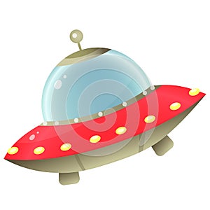 Color image of cartoon flying saucer of aliens on white background. Space. Vector illustration for kids