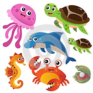 Color image of cartoon jellyfish, turtle, dolphin, seahorse and crab on white background. Marine life. Vector illustration set for