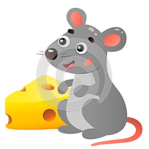 Color image of cartoon mouse with cheese on white background. Vector illustration for kids