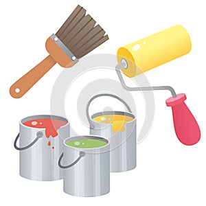 Color image of cartoon oil paint with brush and roller on white background. Vector illustration