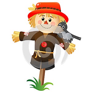 Color image of cartoon stuffed or scarecrow with crow on white background. Vegetable garden. Vector illustration for kids