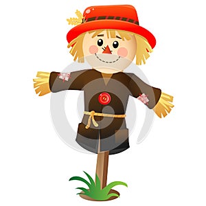 Color image of cartoon stuffed or scarecrow on white background. Vegetable garden. Vector illustration for kids