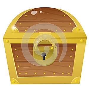 Color image of cartoon treasure chest on a white background. Closed coffer with lock . Decorative element for pirate party for