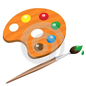 Color image of cartoon watercolor paint with brush on white background. Drawing. Vector illustration for kids