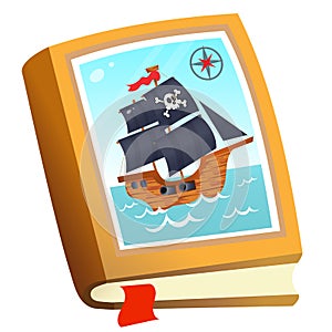 Color image of children`s book about pirates on white background. Fairy tales and adventure. Vector illustration for kids