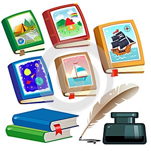 Color image of children\'s books on white background. Fairy tale and adventure. Encyclopedia and fiction. Inkwell with feather pen