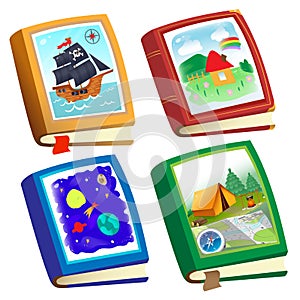 Color image of children`s books on white background. Fairy tales and adventure. Encyclopedia and fiction. Vector illustration set photo