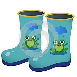 Color image of children`s rubber boots with pattern on white background. Outdoors games. Vector illustration