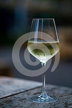 Color image of chilled white wine in a glass , with copy space.