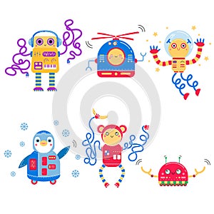 Color image of cute cartoon robots. Vector set for kids